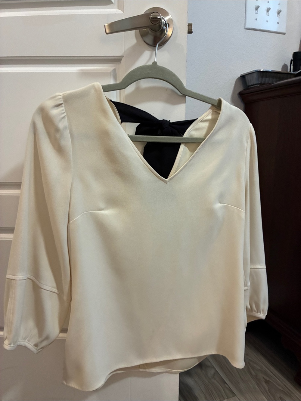 Ann Taylor Cream V-Neck Blouse with Black Back Tie